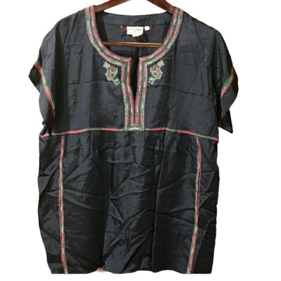 Pure DKNY Short Sleeve Colorful Embroidered Top Medium Rayon - Picture 1 of 15